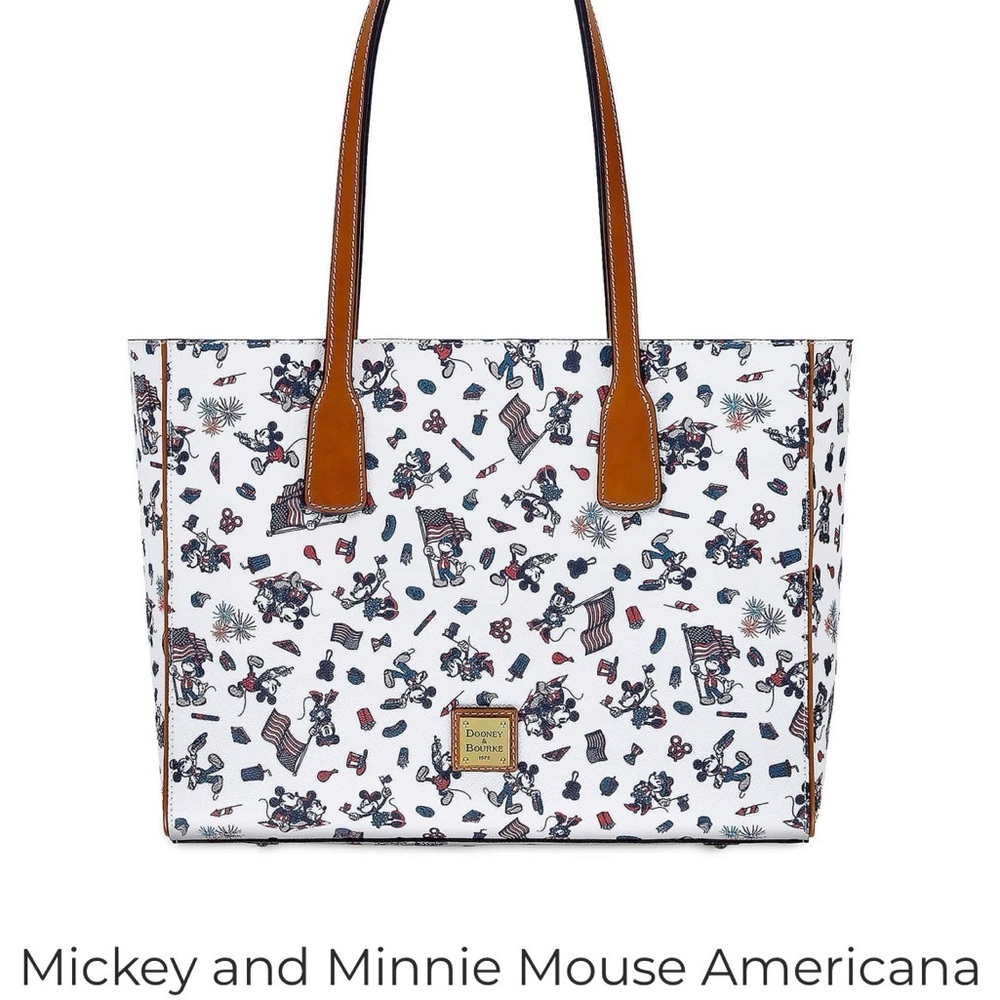 Dooney & Bourke White Americana Mickey & Minnie Tote with Tan Handles